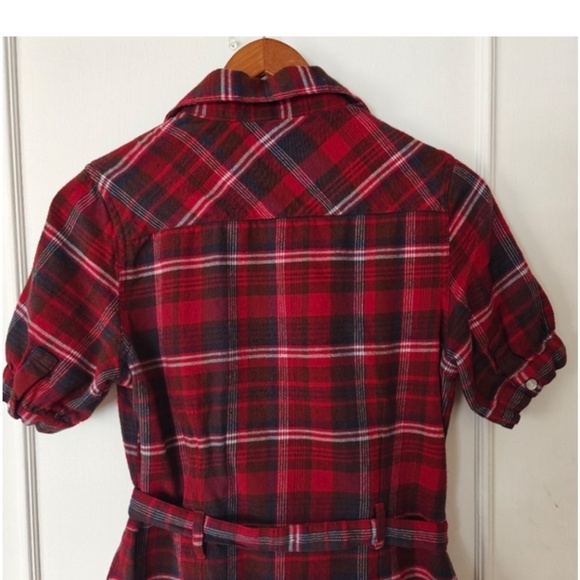 Red Plaid Belted  Cotton Mini Shirt Dress - Sz Med, 90s, y2k - Picture 8 of 13